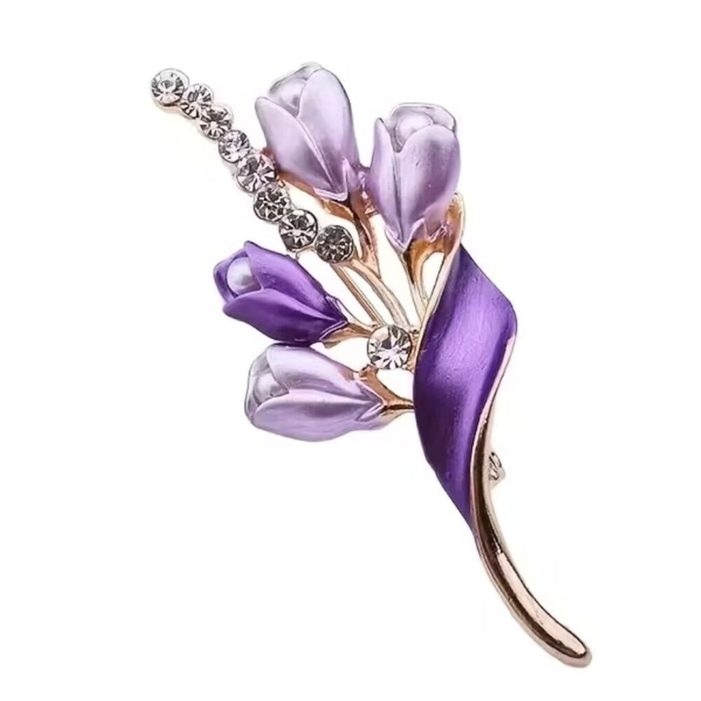 NWT Brooch Tulips Purple & Lavender Enamel Petal Imitation Pearl & Rhinestone